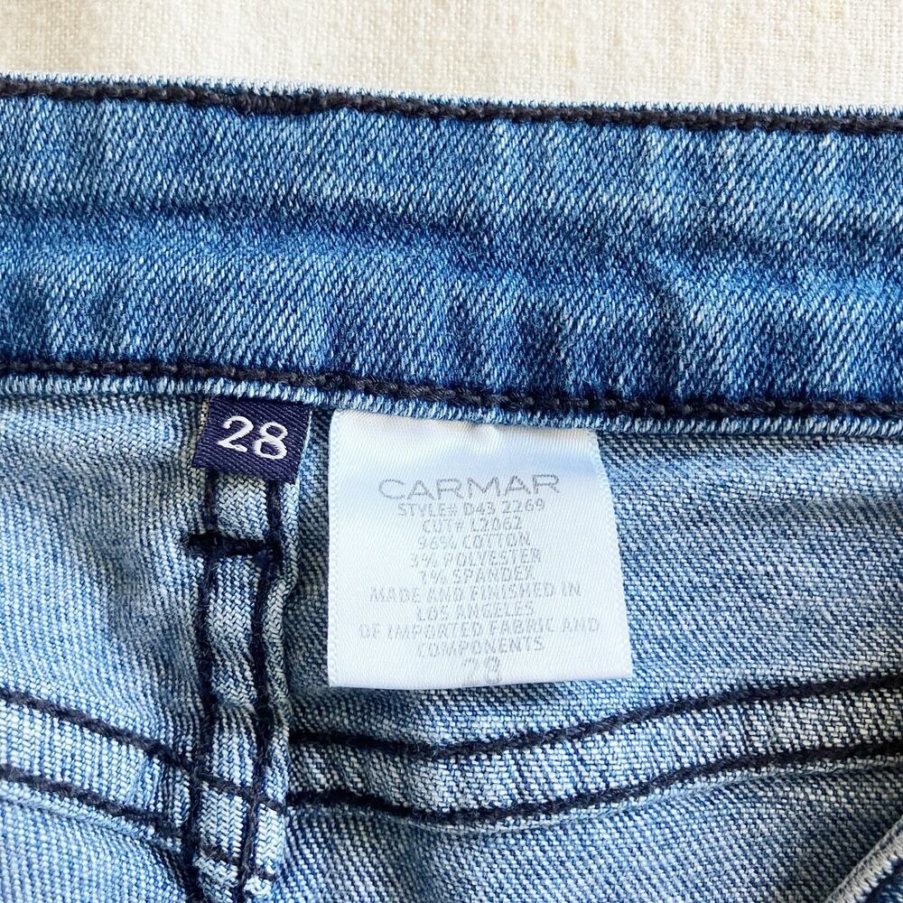 Carmar 28 High Waisted Jean Shorts Exposed Button Fly Blue Denim Distressed - Picture 3 of 7